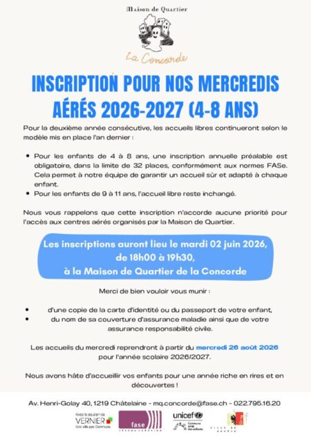 Inscription pour nos mercredis aérés 2026-2027 - Maison de quartier de la Concorde (MQC)