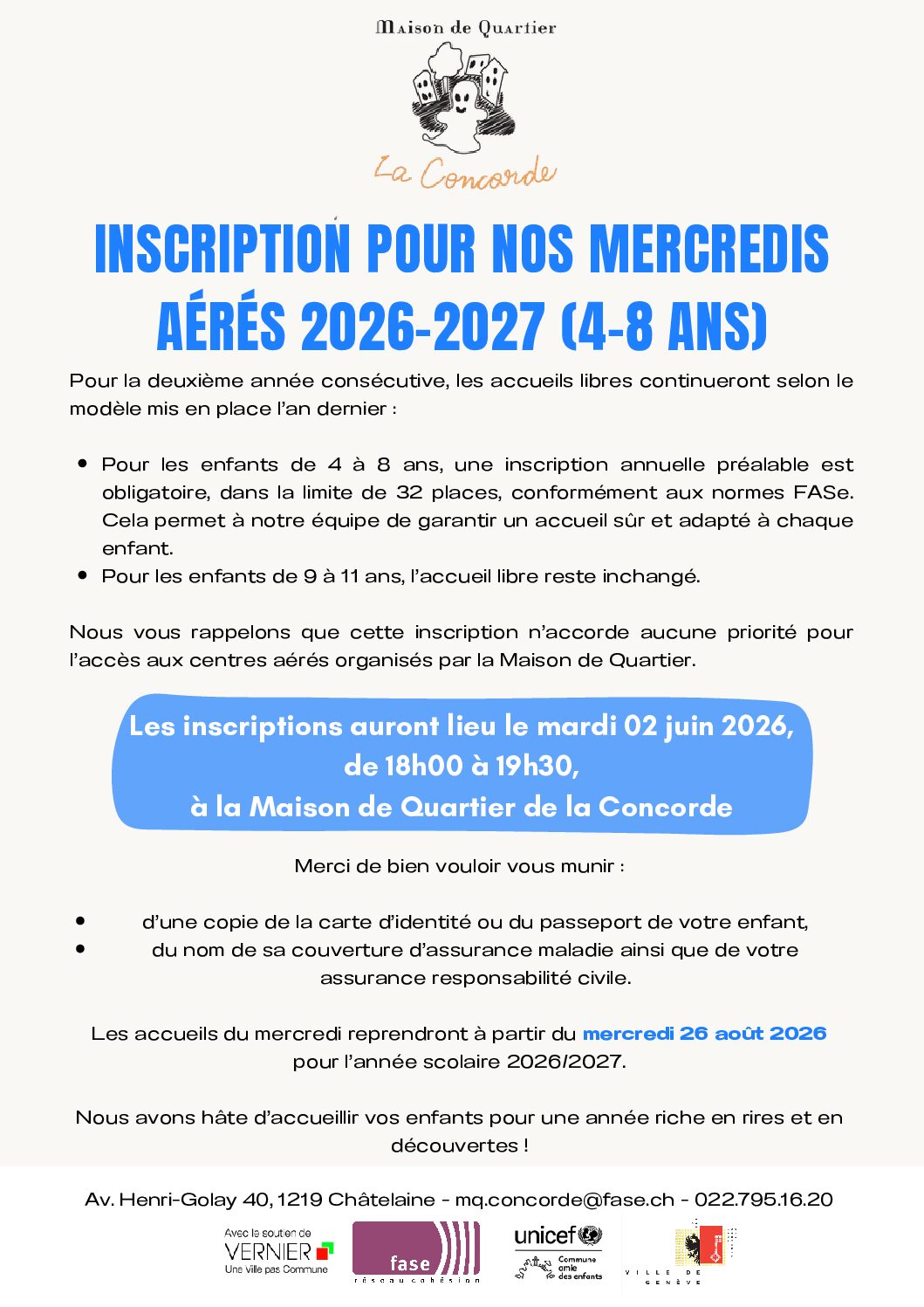 Inscription pour nos mercredis aérés 2026-2027 - Maison de quartier de la Concorde (MQC)